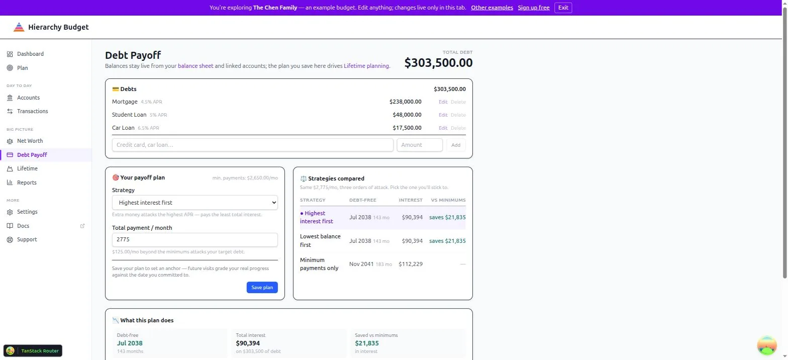 The Debt Payoff page: a creditor table with balance, APR and minimum payment, beside a payoff plan card and a table comparing all three strategies