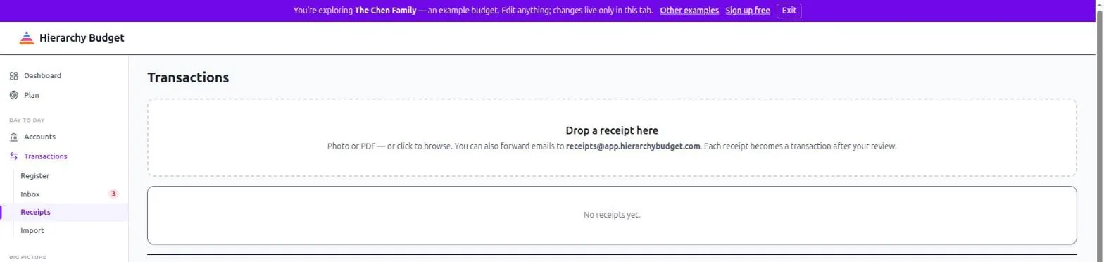 The receipts page: a drop zone for photos and PDFs with the forwarding address in bold, above an empty pending list