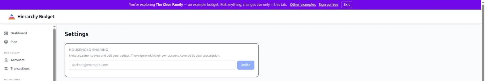 Settings > Sharing: an email field and an Invite button, with a note that the partner signs in with their own account, covered by your subscription